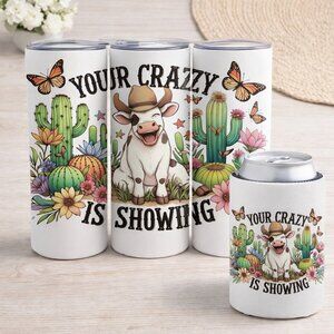 Cow Western Youre Crazy Fun 20 Oz Skinny Tumbler and Can Cooler Gift Set Bundle